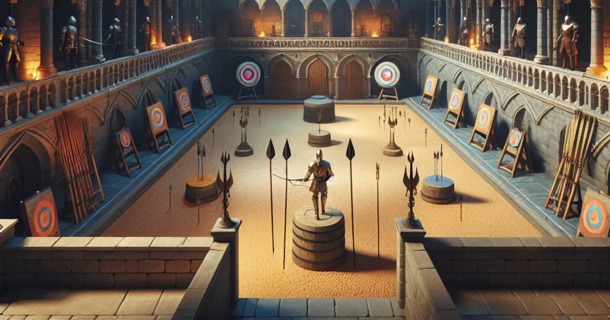 A long vaulted training hall lined with practice dummies and racked weapons, where Titan Saga: Idle arena teams drill