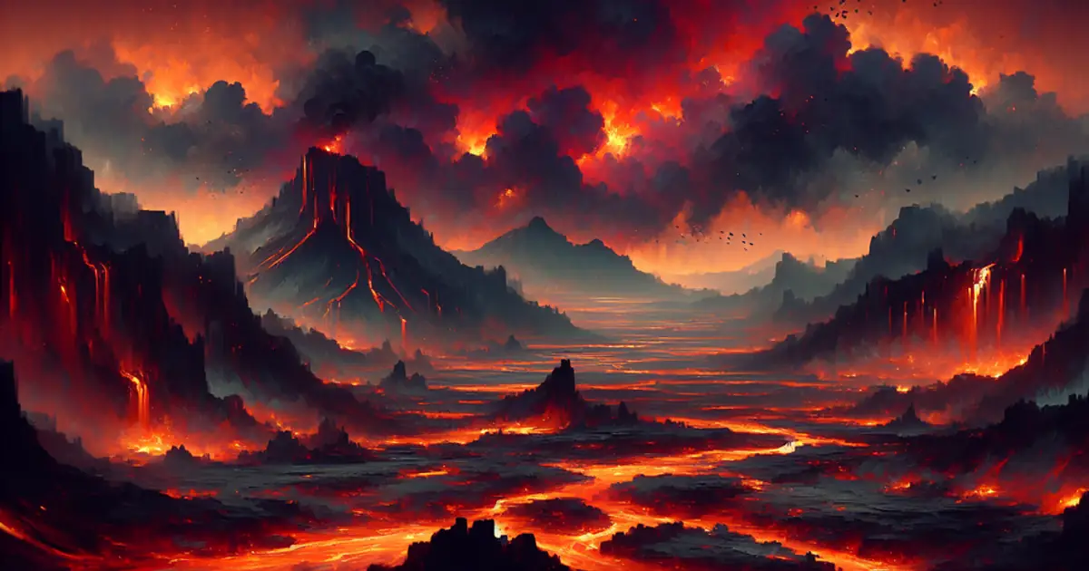 A volcanic basin of lava rivers under a red sky, the setting for late-game Titan Saga: Idle boss fights