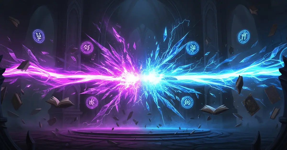 Two casters trading arcs of arcane light across a duelling floor, the kind of build the Titan Saga: Idle planner is used to theory-craft