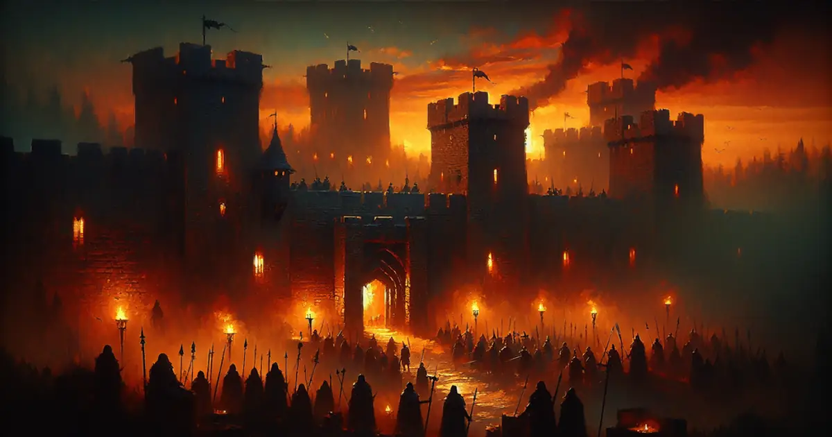 A besieged fortress burning at dusk, the Forged in Battle origin behind several Titan Saga: Idle starter builds