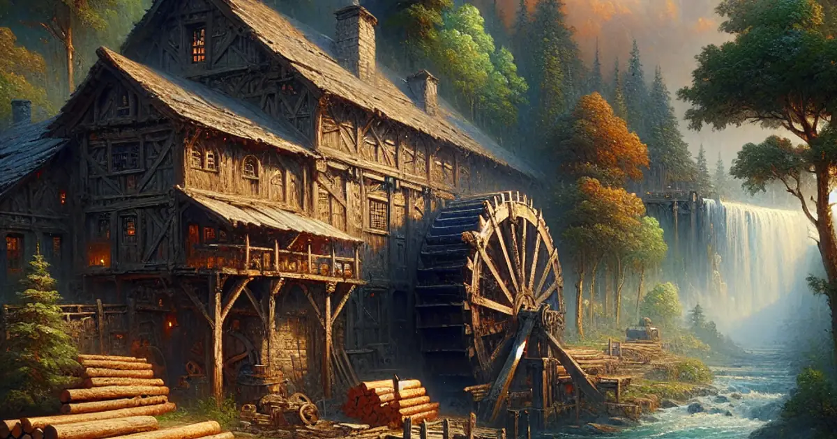 A timber lumber mill turning its waterwheel beside a forest stream, one of the twenty-one Titan Saga: Idle buildings