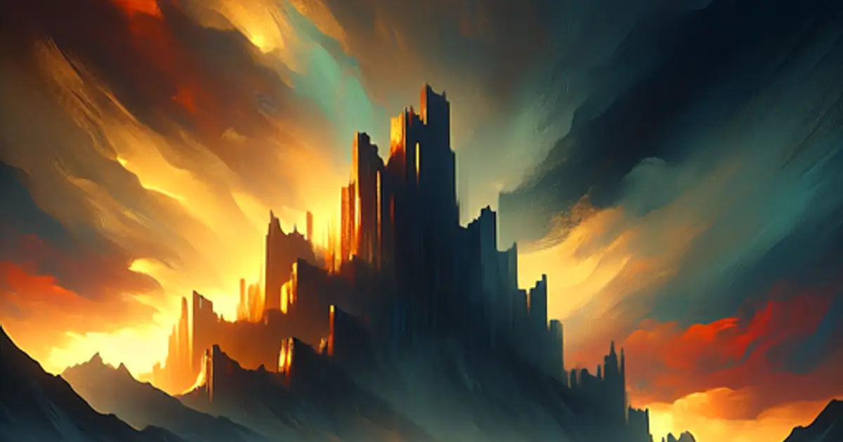 A lone figure halted on a gold-lit road beneath a distant citadel, the moment a Titan Saga: Idle party stops mid-quest and waits on your decision