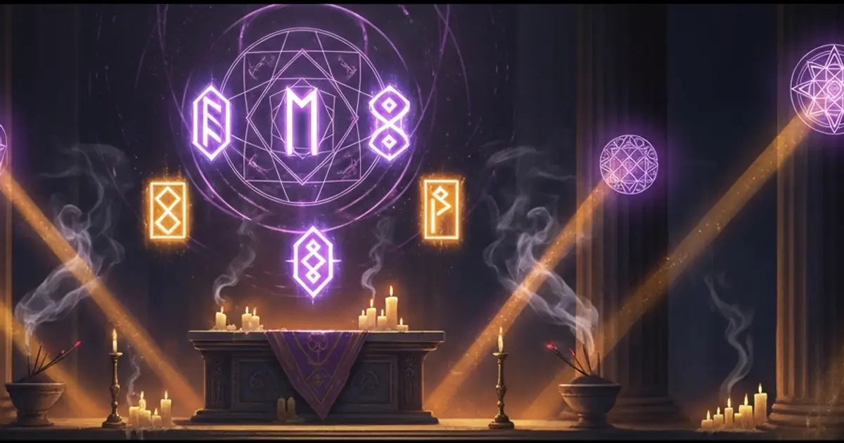 Floating runic sigils burning above an altar in shafts of light, the ritual that mutates a Titan Saga: Idle essence