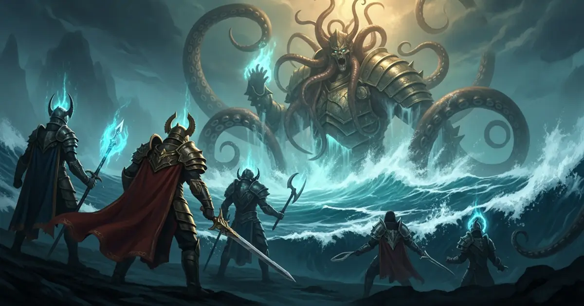 Archlord-rank champions facing a tentacled horror on a frozen shore, the top of the Titan Saga: Idle essence rank ladder