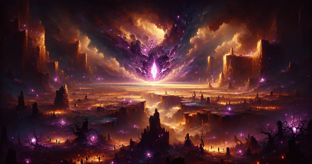 Essence hunters watching violet energy erupt over a ruined city, the raw material of every Titan Saga: Idle build