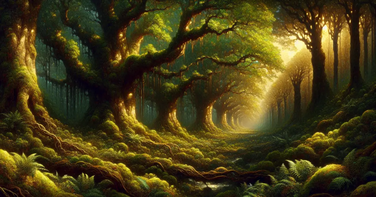 A sunlit tunnel of ancient mossy oaks, the forest that hosts the three permanent Titan Saga: Idle expeditions