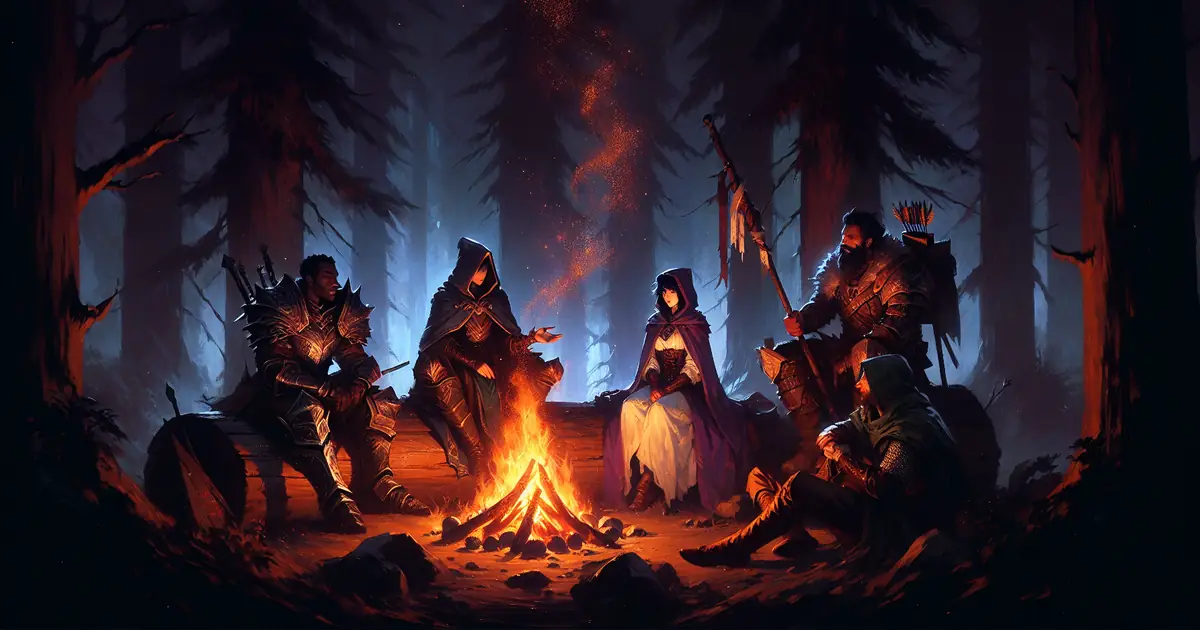 A new party gathered around a campfire in a dark forest, the first night of a Titan Saga: Idle run