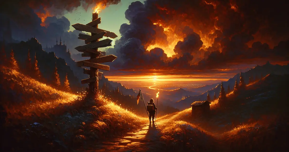 A lone traveller at a crossroads signpost at sunset, the first steps of a Titan Saga: Idle run