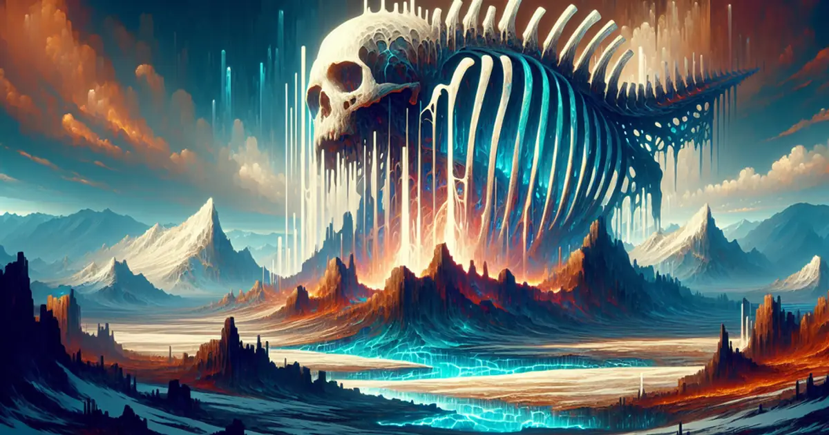 The Titan Wastes: the bleached ribcage of a fallen titan arched over a glowing river, the landmark the whole Titan Saga: Idle wiki is written around