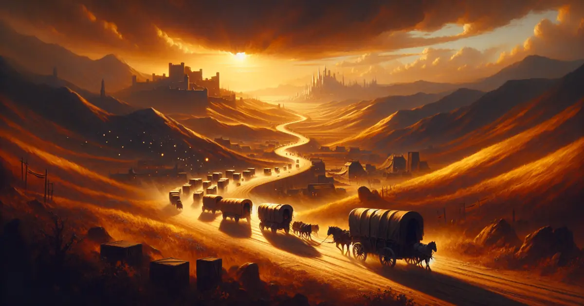 A merchant caravan winding through golden hills at dusk, one of the agents that moves through the Titan Saga: Idle living world