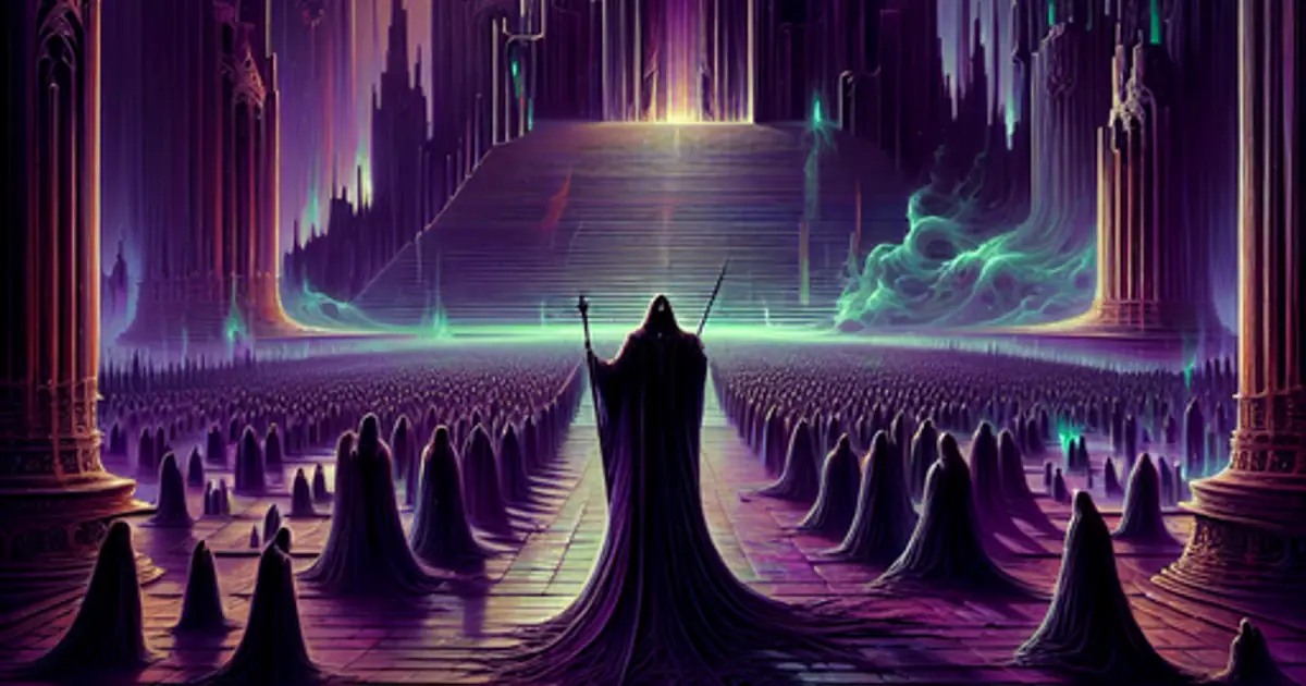A hooded figure on a violet throne road wreathed in spirits, the Necrotic Dominion faction of Titan Saga: Idle