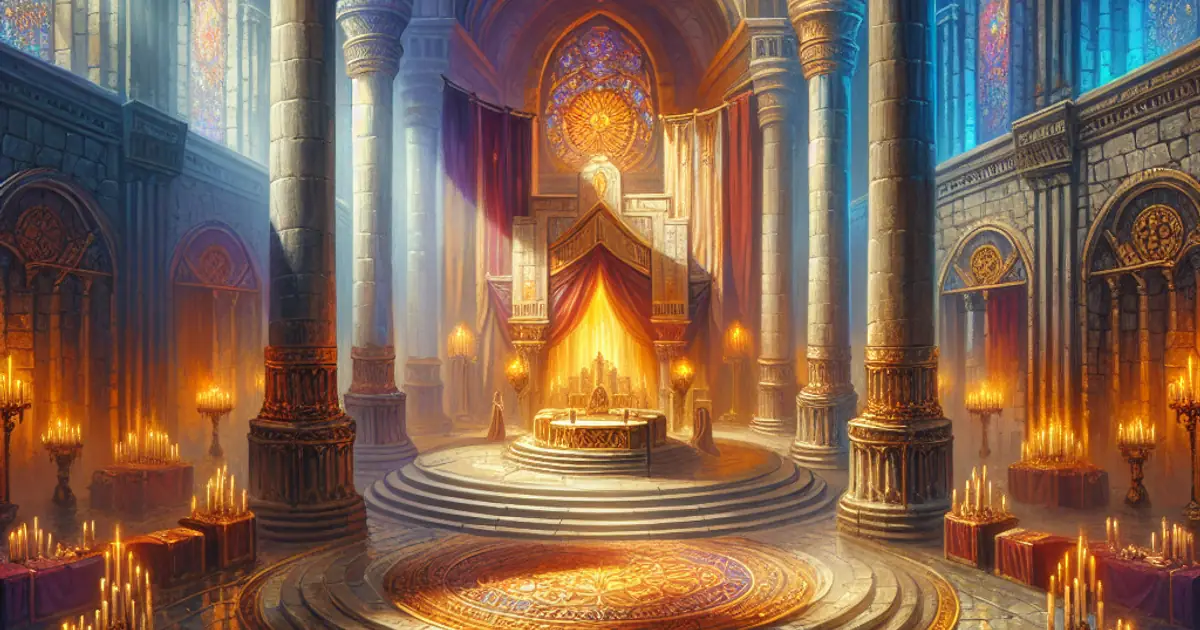 A columned temple interior lit by a single golden flame, where Titan Saga: Idle patrons are honoured