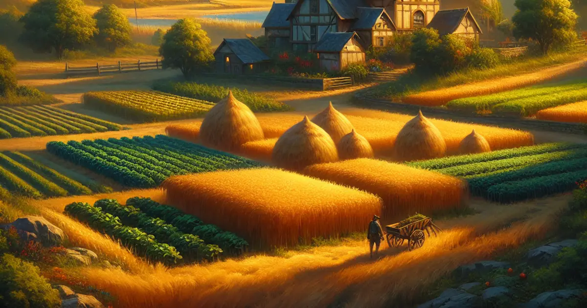 A golden farm valley of haystacks and windmills, the food supply behind Titan Saga: Idle population growth