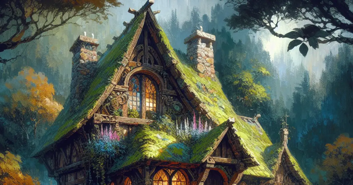 A moss-roofed herbalist hut hung with drying plants, one branch of the Titan Saga: Idle profession trees