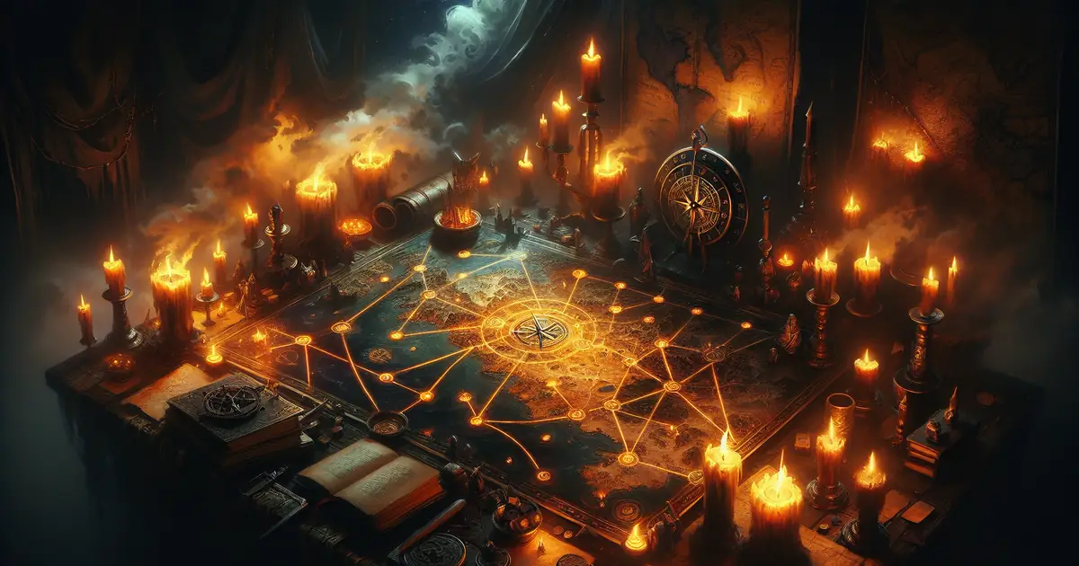 A candlelit table of maps, tokens and open ledgers, the quest board of Titan Saga: Idle