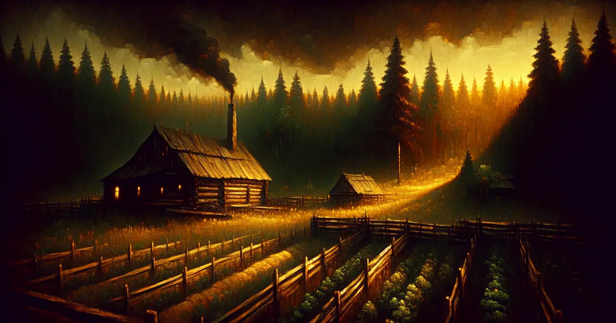 A frontier homestead at dusk beside terraced fields, the everyday life the Titan Saga: Idle races are drawn from