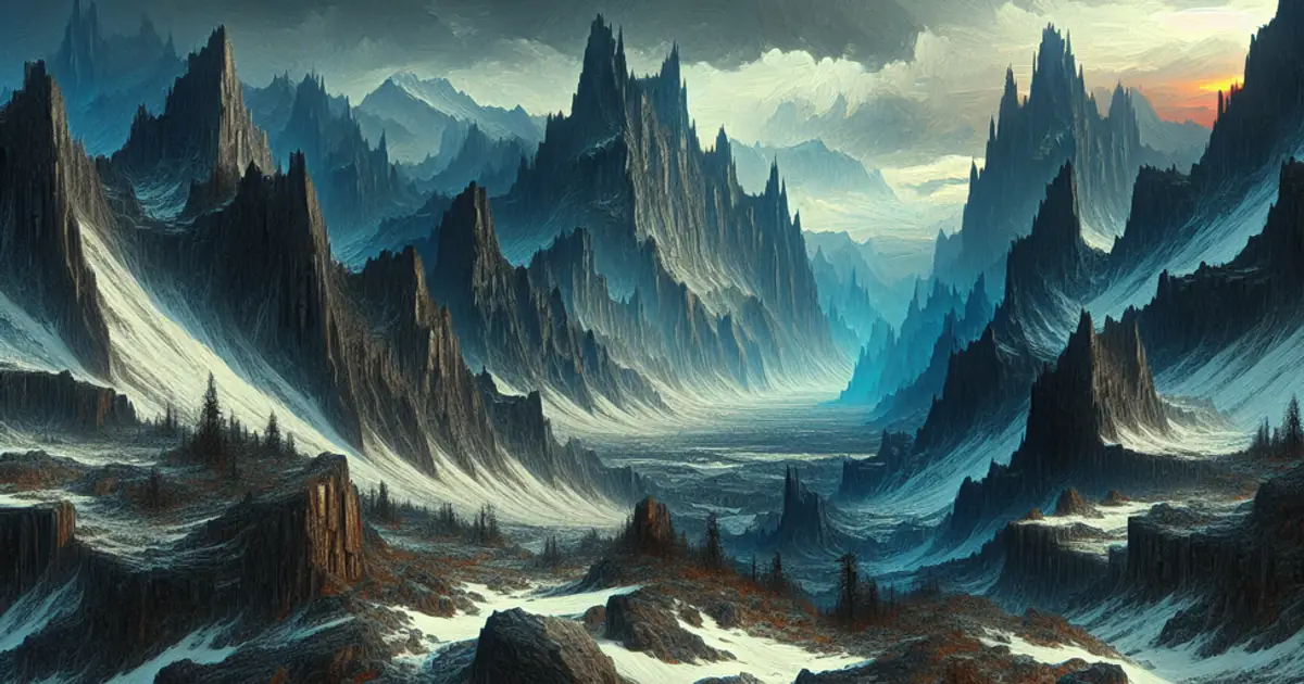 A range of blue-grey spires vanishing into cloud, one of the fifteen Titan Saga: Idle regions