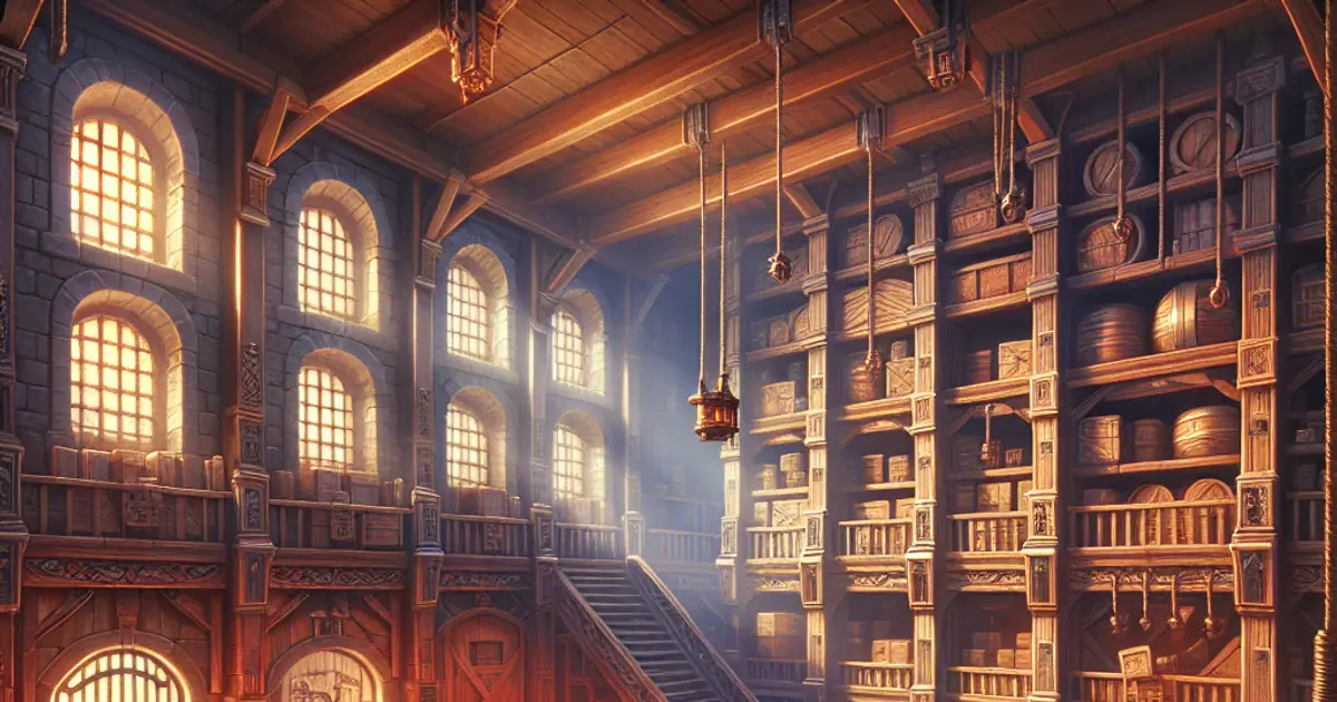 A timber warehouse stacked with crates, sacks and barrels, the storage cap behind every Titan Saga: Idle resource