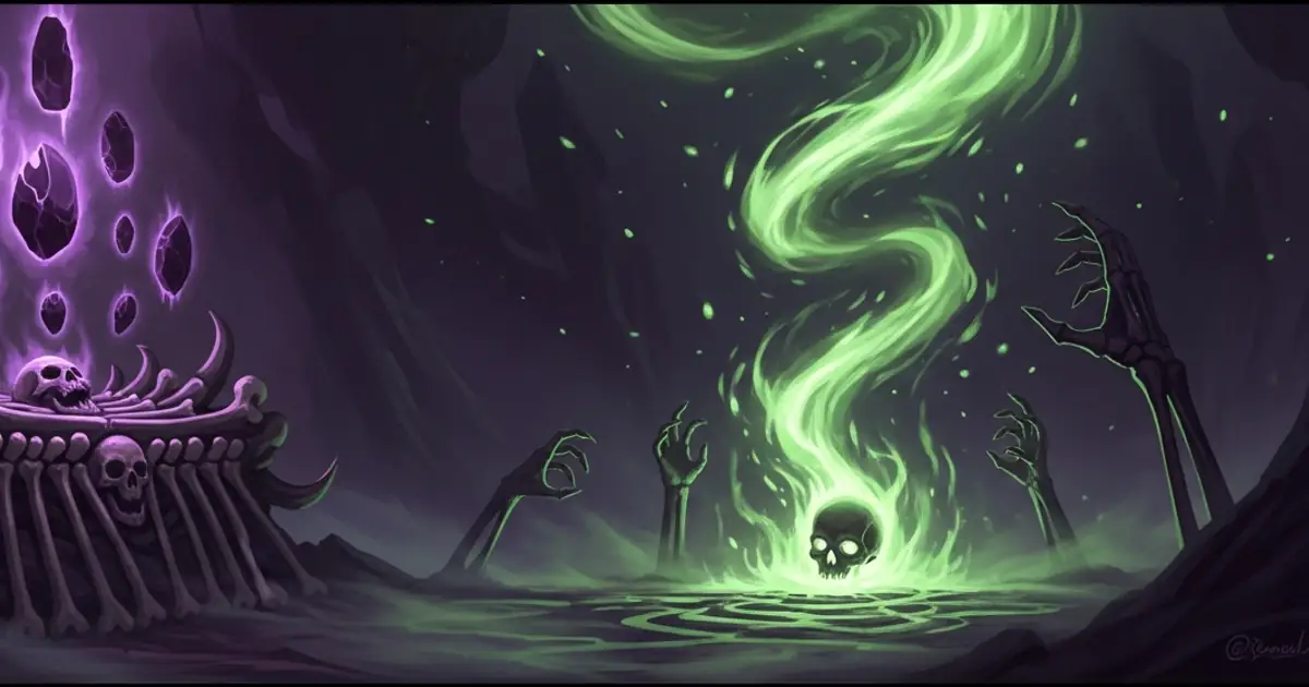 Green necrotic vapour rising from a bone altar, the visual language of Titan Saga: Idle status effects