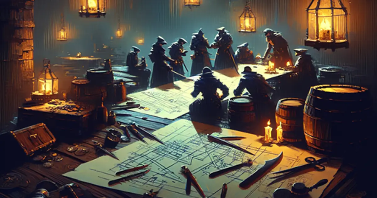 Cloaked figures conspiring by lantern light in a vaulted cellar, the Thief Syndicate faction of Titan Saga: Idle