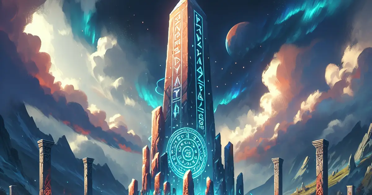 A rune-lit monument on a mountain plaza, the ranking landmark used for the Titan Saga: Idle tier lists