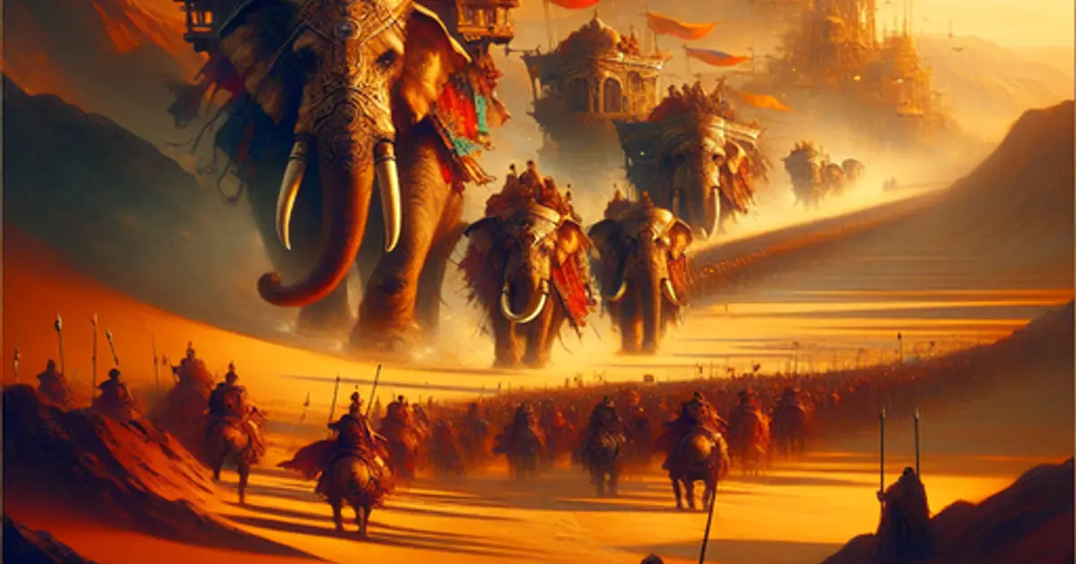 A caravan of laden beasts crossing red desert toward a banner-hung keep, the Trade Cohort faction of Titan Saga: Idle
