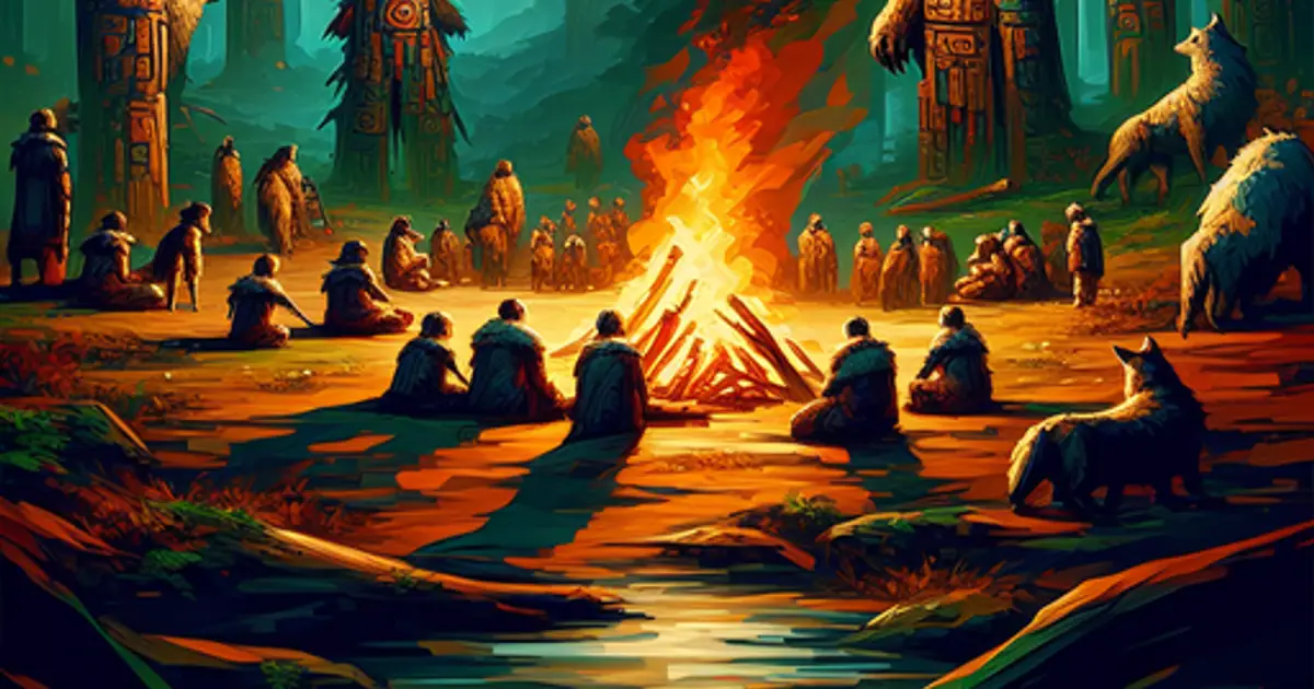 Painted clansfolk dancing around a bonfire beneath carved totems, the Wild Clan faction of Titan Saga: Idle