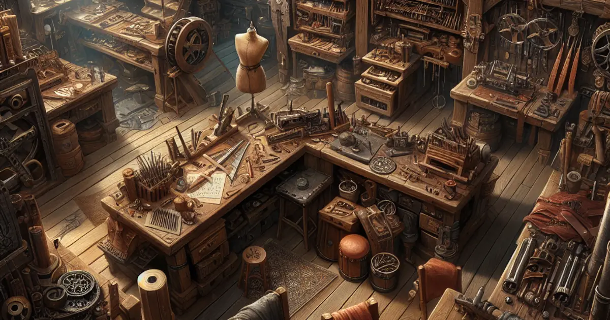 A crowded workshop floor of benches, gears and half-built machines, where Titan Saga: Idle refinement happens