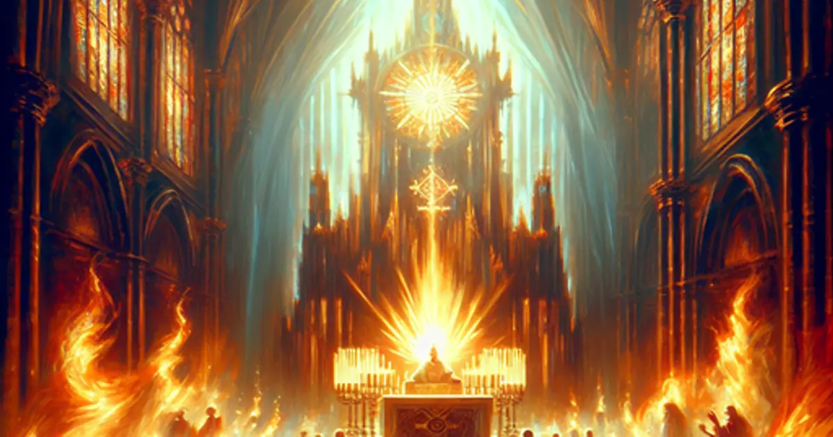 A congregation kneeling before a blazing altar in a stone nave, the Zealous Order faction of Titan Saga: Idle