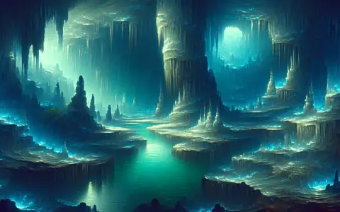 A cathedral of blue crystal pillars over an underground lake: the Caverns region of Titan Saga: Idle