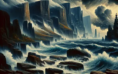 Black basalt cliffs taking a heavy grey sea: the Coast region of Titan Saga: Idle