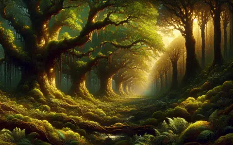 A sunlit tunnel of ancient mossy oaks: the Forest region of Titan Saga: Idle