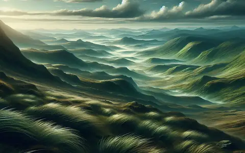 Wind-combed green ridges rolling to the horizon: the Highlands region of Titan Saga: Idle