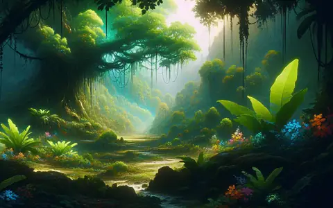 Dense emerald canopy pierced by shafts of light: the Jungle region of Titan Saga: Idle