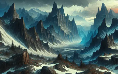 Blue-grey spires vanishing into cloud: the Mountain region of Titan Saga: Idle