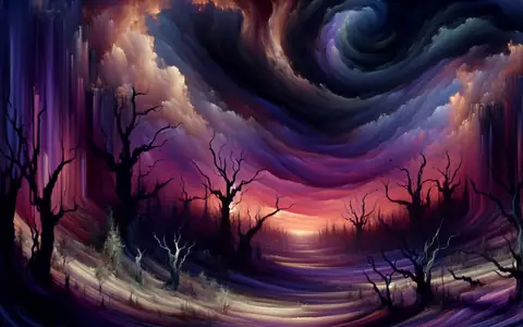 A violet storm coiling over dead trees: the Shadowlands region of Titan Saga: Idle