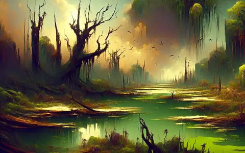 Still green water between drowned trees: the Swamp region of Titan Saga: Idle