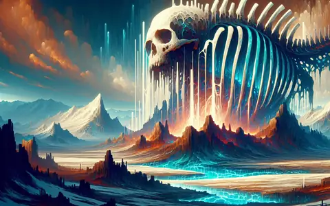 The bleached ribcage of a fallen titan over a glowing river: the Titan Wastes region of Titan Saga: Idle