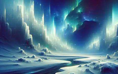 Ice pillars and aurora light over a frozen river: the Tundra region of Titan Saga: Idle