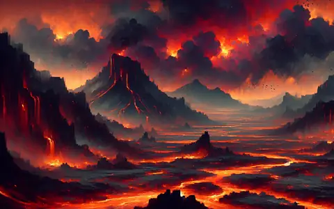 Lava rivers cutting a black basin under a red sky: the Volcano region of Titan Saga: Idle
