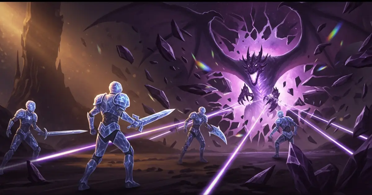 Diamond-league champions duelling in a corridor of violet light, the top of the Titan Saga: Idle achievement ladder