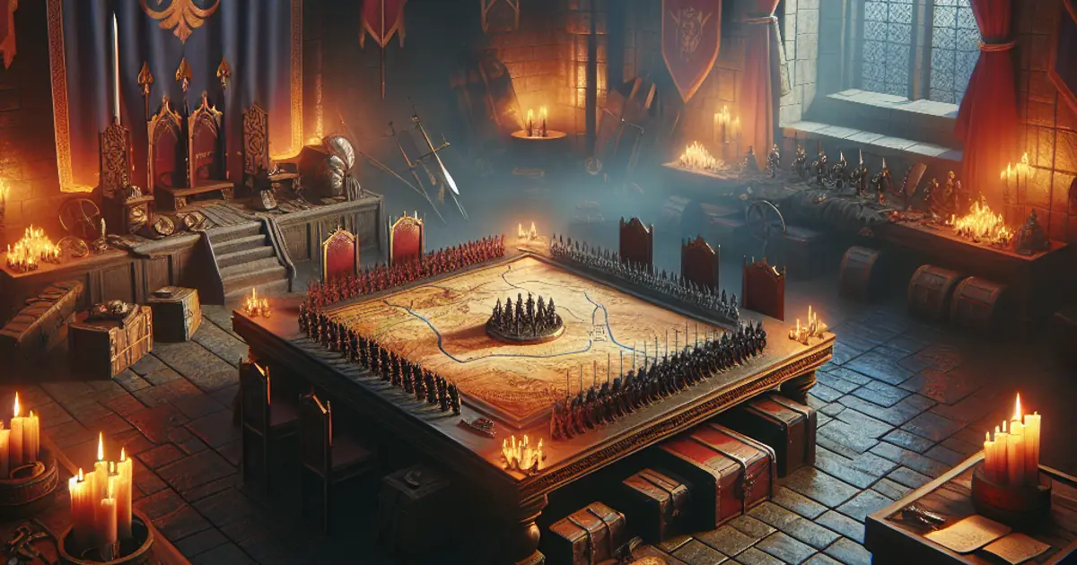 A banner-hung war room around a lit planning table, where a Titan Saga: Idle alliance sets its projects