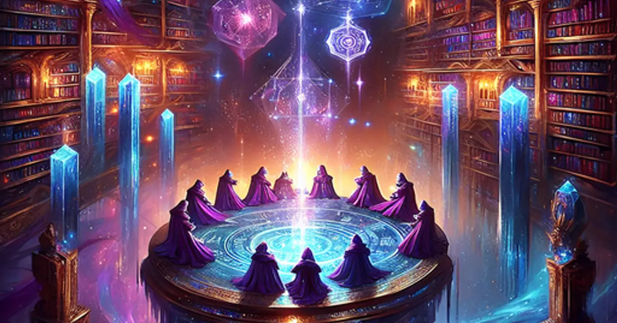 Robed council members seated in a ring beneath floating arcane sigils, the Arcane Council faction of Titan Saga: Idle