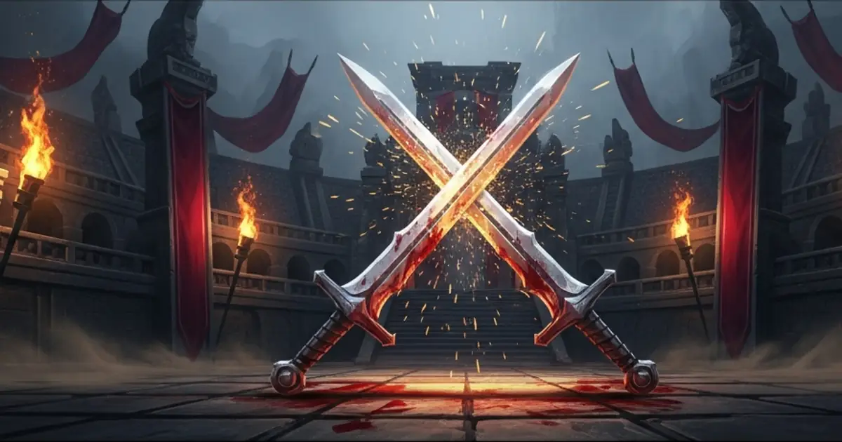 Crossed greatswords lit by braziers in a duelling hall, where Titan Saga: Idle archetypes are tested