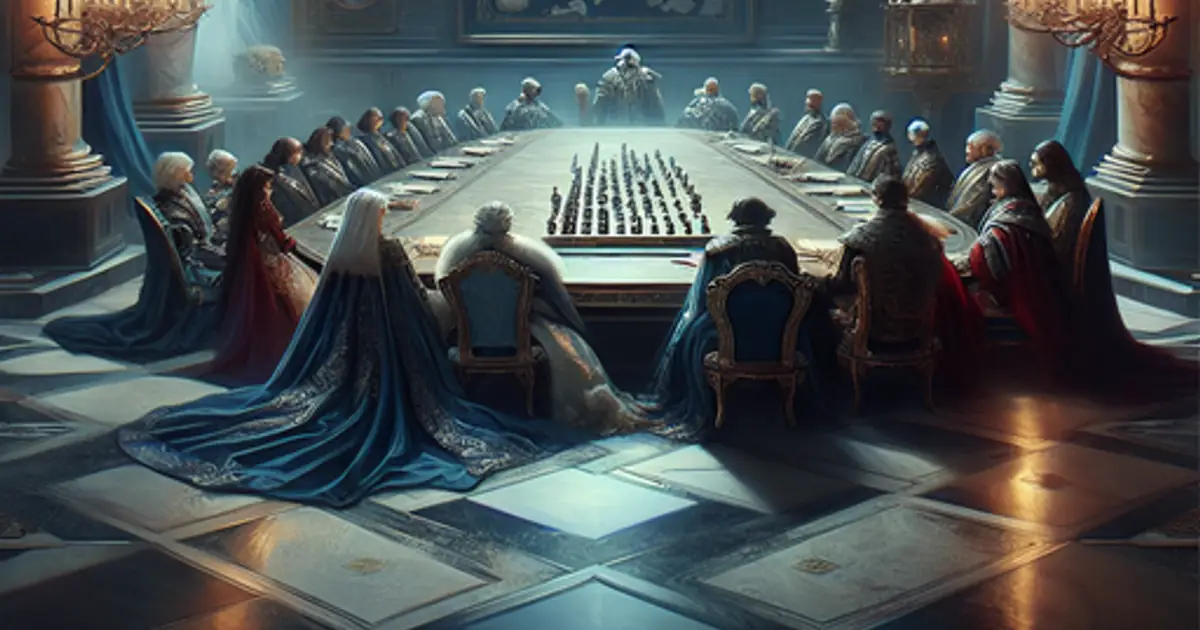 A blue-draped court chamber lined with delegates, the Diplomatic Court faction of Titan Saga: Idle