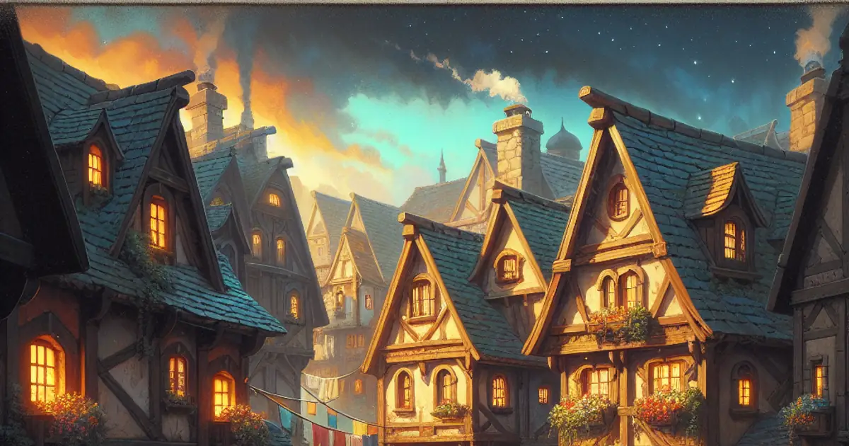 A tight street of lamplit timber houses at night, the housing that fills a Titan Saga: Idle district