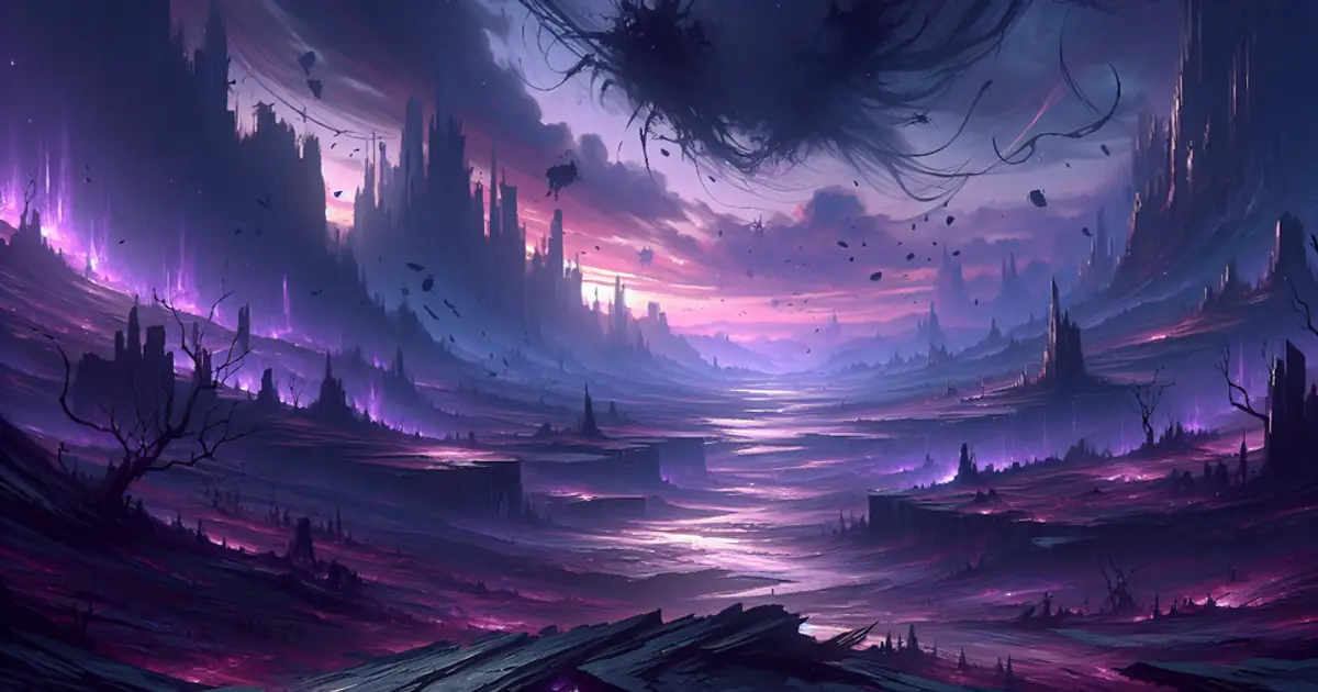 A bruised purple sky over blackened woodland, the kind of encounter Titan Saga: Idle enemy affixes are rolled on
