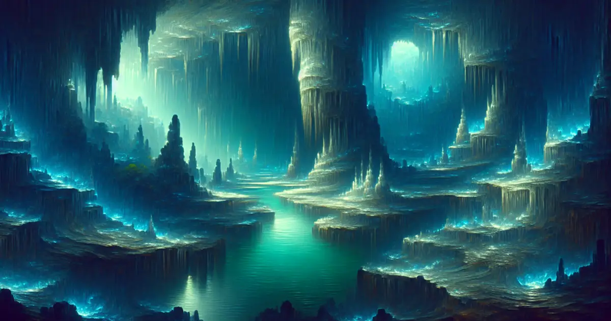 A vast glowing cavern of blue crystal pillars, one of the habitats Titan Saga: Idle enemy families are drawn from