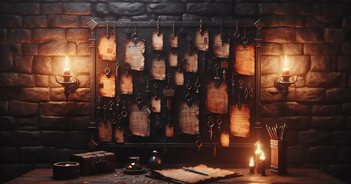 A stone wall of pinned contracts lit by two candles, the errand board of Titan Saga: Idle