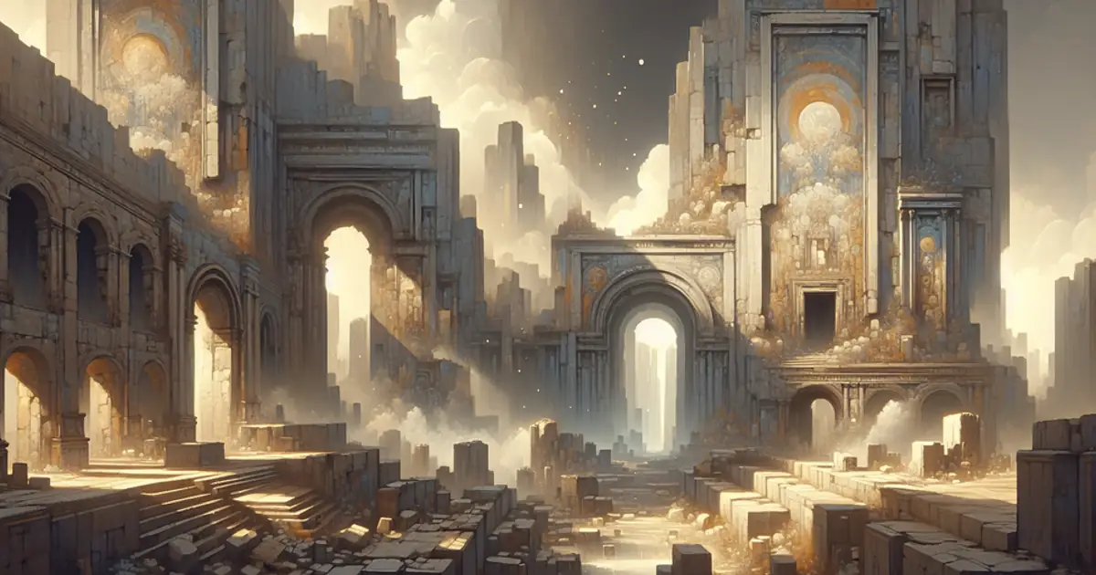 A pale marble ruin of arches and stairways, the contested ground the six Titan Saga: Idle factions argue over